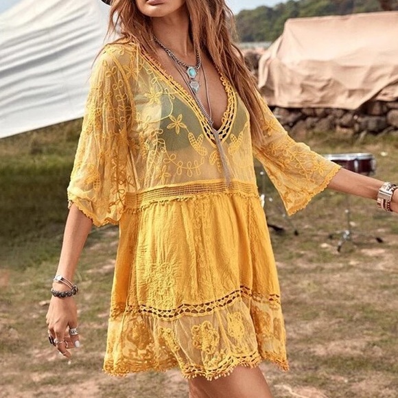 Dolly Boho Crochet Cotton Floral Inlay Lace Mini Dress Beach CoverUp - Picture 3 of 6